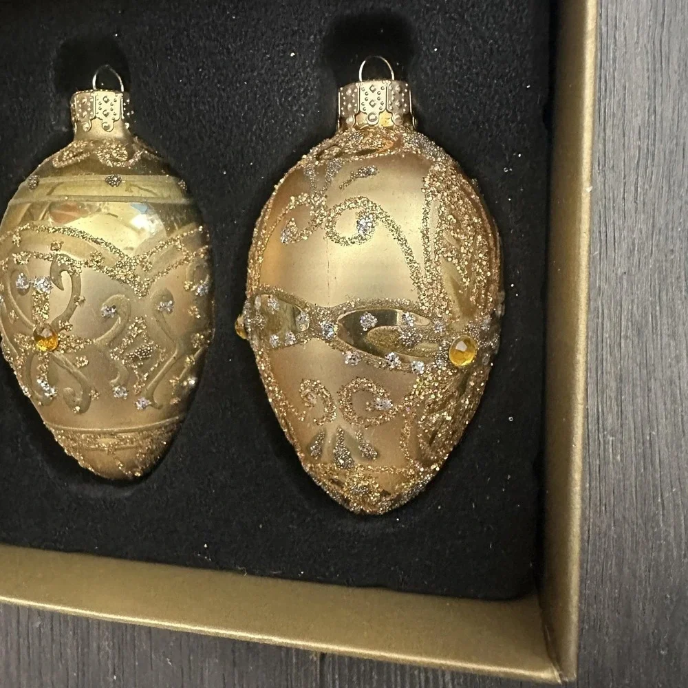 VTG Celebrate It Set Of‎ 2 Small Gold Glass Egg Bauble Ornaments Christmas Decor